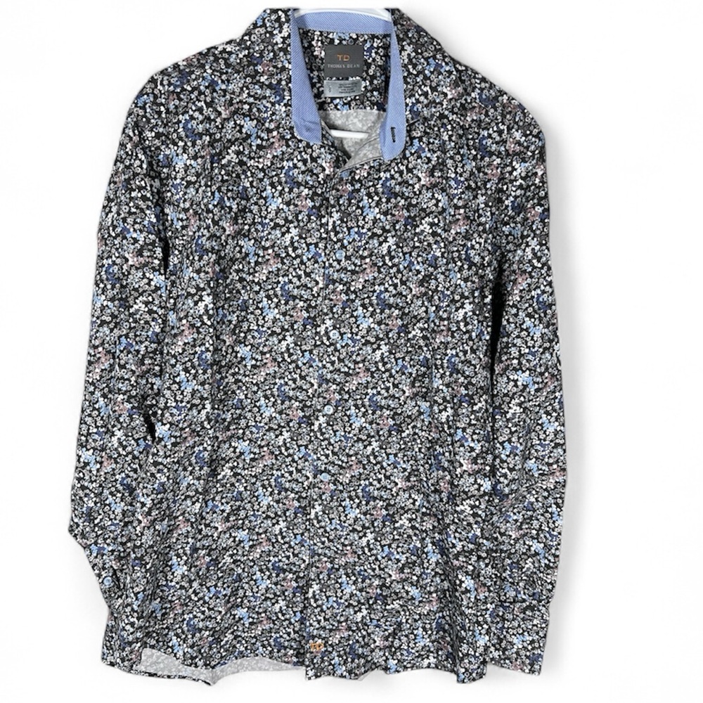 Thomas Dean Men's Floral Cotton Button Down Shirt Size L